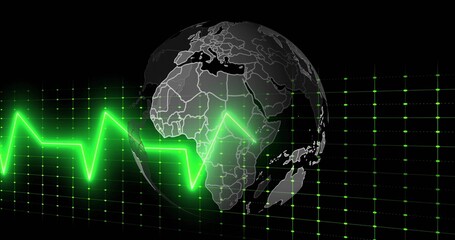 Fototapeta premium Pulsing neon ECG waveform crossing 3D globe in monitoring interface, with glowing grid