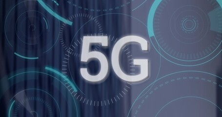 Fototapeta premium Displaying large white 5G text glowing in abstract digital interface, with concentric HUD rings