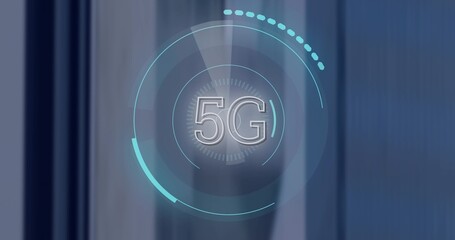 Displaying holo 5G emblem rotating at center in UI, showing concentric HUD rings and cyan arcs © vectorfusionart