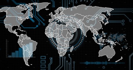 Naklejka premium Upon new data arriving stylized world map pulsing and HUD rings rotating visualizing network data