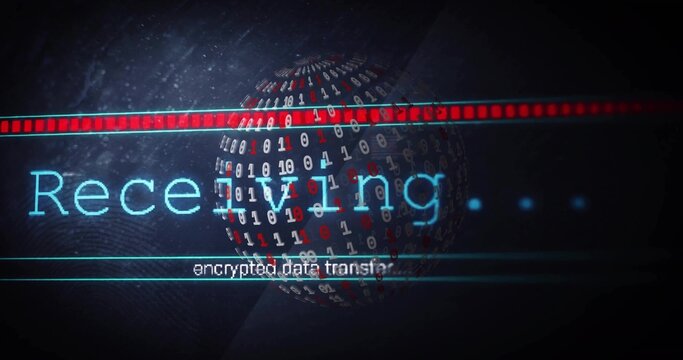 Rotating binary sphere pulsing at digital interface, displaying cyan Receiving