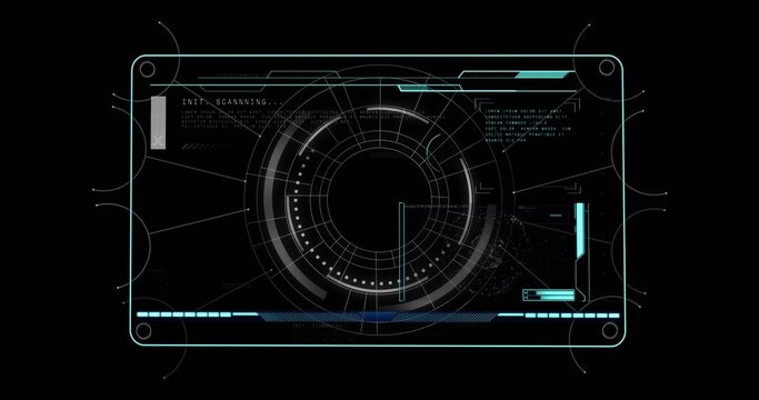 Displaying central circular HUD scanner rotating and scanning digital display with segmented rings