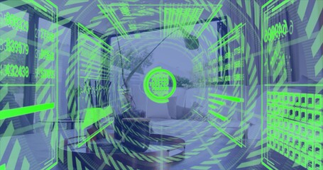 Hovering neon-green circular HUD projecting numeric panels over daybed, glass wall, terrace plants © vectorfusionart