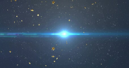 Radiating bright blue core star casting horizontal lens flare across deep space, with golden stars © vectorfusionart