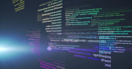 Displaying glass code panels drifting in virtual space, with colored code text and bluish light © vectorfusionart