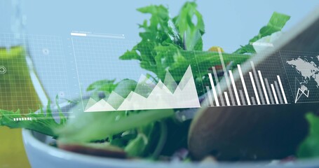 Showing white bowl holding greens on studio table, with wooden spoon and data charts, map overlays © vectorfusionart