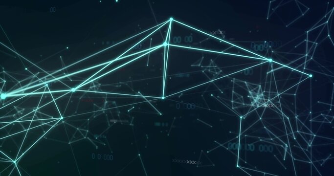 Pulsing teal network forming triangular mesh in virtual network, with connecting lines and nodes