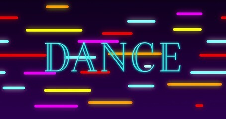 Glowing neon word DANCE dominating digital banner at club promo backdrop, with colorful light bars © vectorfusionart