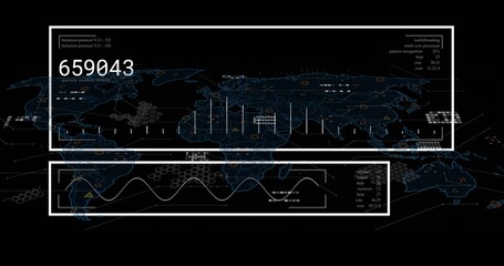 Displaying global data dashboard map on virtual interface, showing two HUD panels, readout 659043 © vectorfusionart