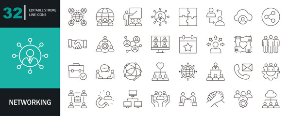 Networking icon set. Containing network, connection, relationship, online networking, community, event, social network, and more. Editable line icons. Vector illustration. © hook 