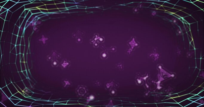 Pulsing central cluster of purple particles glowing within virtual tunnel, with neon frame border