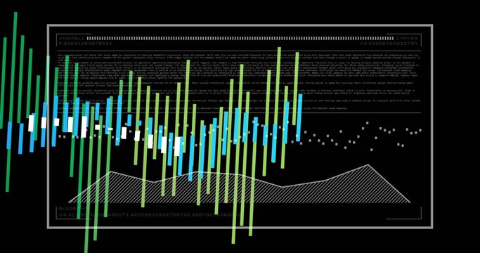 Displaying centered panel on black screen showing white frame, neon bars, hatched curve, code lines