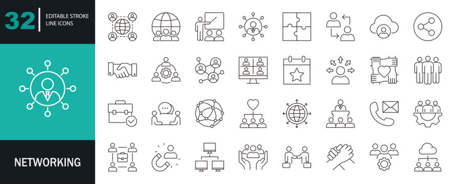 Networking icon set. Containing network, connection, relationship, online networking, community, event, social network, and more. Editable line icons. Vector illustration.