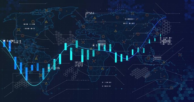 Showing wide market chart running on screen, featuring cyan bars, blue moving average, world map