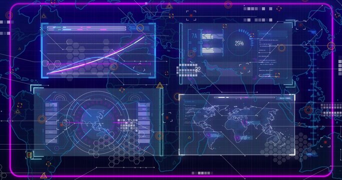 Showing futuristic HUD glowing on screen, with four panels, neon magenta frame, world map overlay