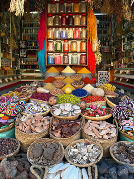 Colorful spice display in Marrakesh spice souk