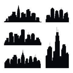 Fototapeta premium Black silhouettes of various city skylines against a white background