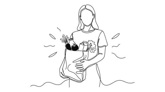 A line drawing of a person holding a grocery bag filled with fresh produce and other items, radiating light.