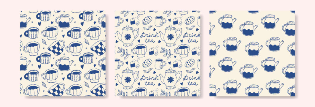 Vintage tea themed patterns with blue teapots and flowers on cream backgrounds