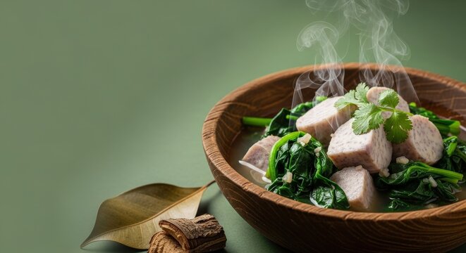 Traditional Caribbean Eddoe Stew with Spinach and Taro on Fresh Green Copy Space