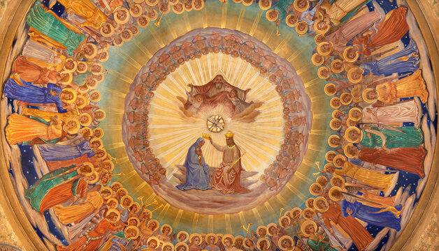 MONZA, ITALY - MARCH 19, 2026: The detail from fresco of Coronation of Virgin Mary in the church Chiesa della Santissima Trinita degli Artigianelli  by Giovanni Briani from end of 19. cent.