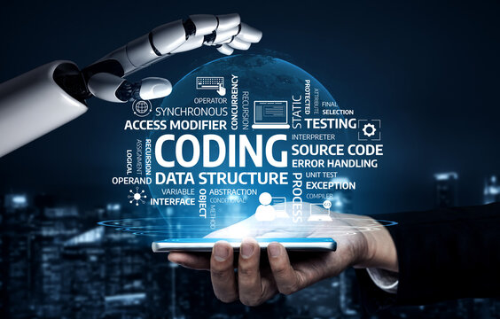 A striking image showcasing a robotic hand reaching for a human hand with a smartphone, symbolizing the intersection of technology and human creativity in coding. Tessel