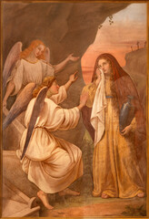 Obraz premium MONZA, ITALY - MARCH 19, 2026: The fresco of Mary of Magdalene at the lost tomb in church Chiesa della Santissima Trinita degli Artigianelli by Giovanni Briani from end of 19. cent.