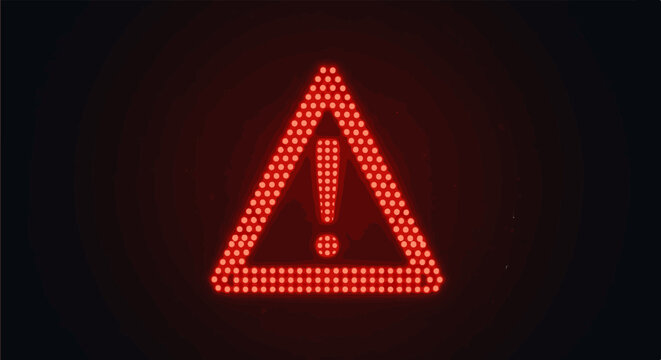 Bright red illuminated triangular warning symbol against a dark backdrop