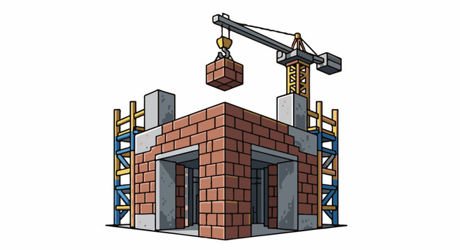 Building under construction with crane lifting brick, scaffolding