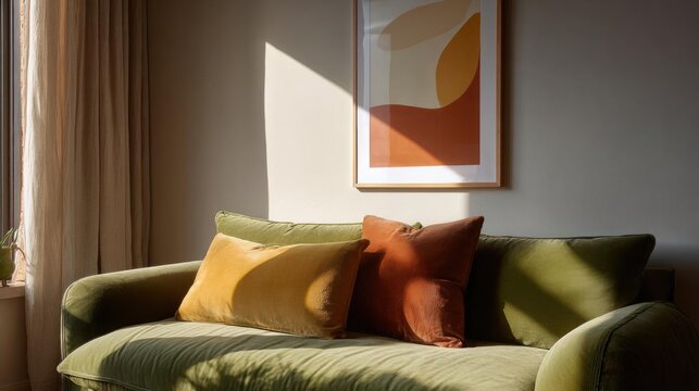 Corner of a living room with a green sofa. the sofa is upholstered in a light green fabric and has two orange throw pillows on it.