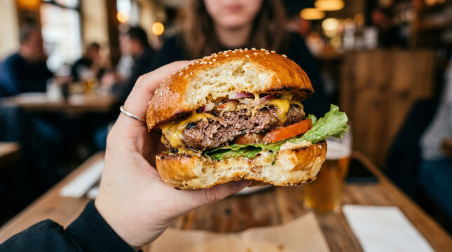 Delicious beef burger with melted cheese and fresh lettuce in natural light