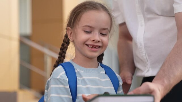 explore world smile, happy girl watches beetle classmates palms, girl bug, children group people, child school backpack happy face child, playground, happy faces child classmates looking bug school