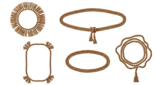 Various decorative frames and borders crafted from natural jute rope and tassels.