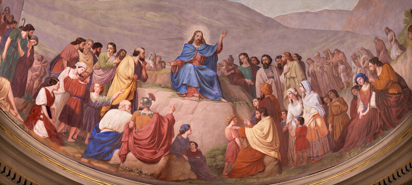 MONZA, ITALY - MARCH 19, 2026: The fresco in the main apse Jesus at the Sermon on the Mount in the church Chiesa San Gerardo al Corpo by Gaetano Barabini (1857)