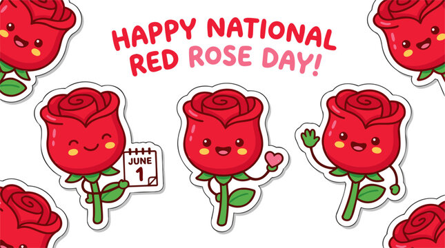Cute cartoon red roses with happy faces celebrating National Red Rose Day on June 1st, featuring playful illustrations and a cheerful message.