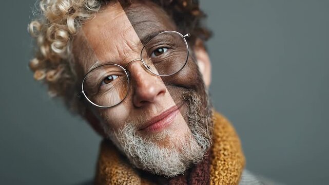 Aging man with diverse features smiles warmly, representing unity and diversity, showcasing varying ethnic backgrounds and the beauty of multiculturalism in society