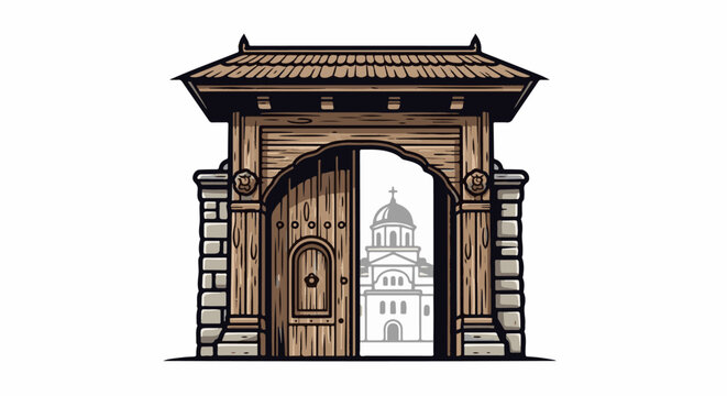 Rustic wooden gate opens to reveal a silhouetted church dome and facade
