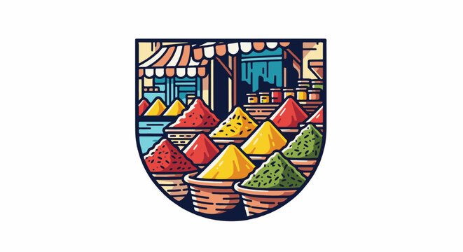 Vibrant spice market stalls filled with colorful conical mounds of powders