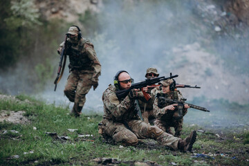 Fototapeta premium Ukrainian armed forces practicing on a military training ground