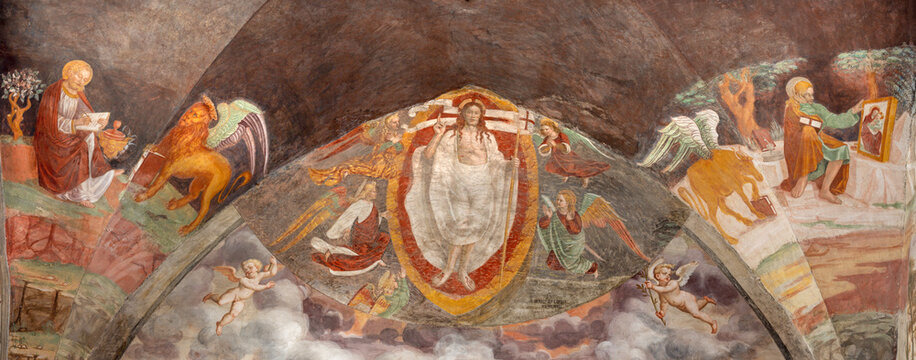 BERGAMO, ITALY - MARCH 21, 2026: The fresco of Resurrection with the St. Evangelists Mark and Luke in the church Michele al Pozzo Bianco by Lucano da Imola detto Gaggio (1550). 
