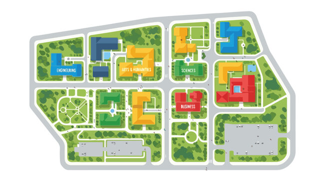 Isometric city map vector illustration, colorful urban district plan with parks and blocks, simplified town layout for navigation, planning, infographic