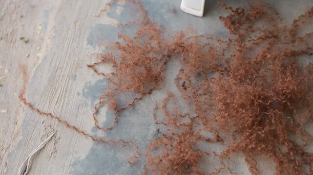 Wood shavings scattered on workshop floor, leftover from planing and sanding at carpenter bench, brown fibrous pile beside green bucket, dusty textured concrete, closeup detail of wood grain
