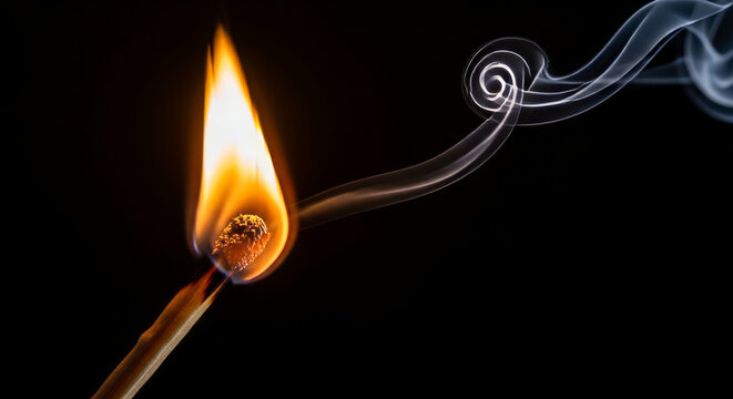 Lit matchstick with curling smoke and orange flame