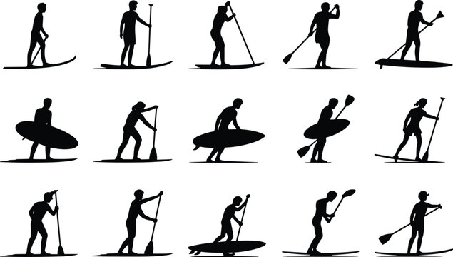 PrintStand up paddleboarding silhouettes, water sport illustration, SUP activity poses, outdoor adventure, fitness exercise, vector design, recreation art, lifestyle concept