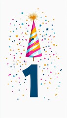Fototapeta premium Cute Birthday Card Featuring a Brightly Colored Number One Decorated with Festive Confetti Design