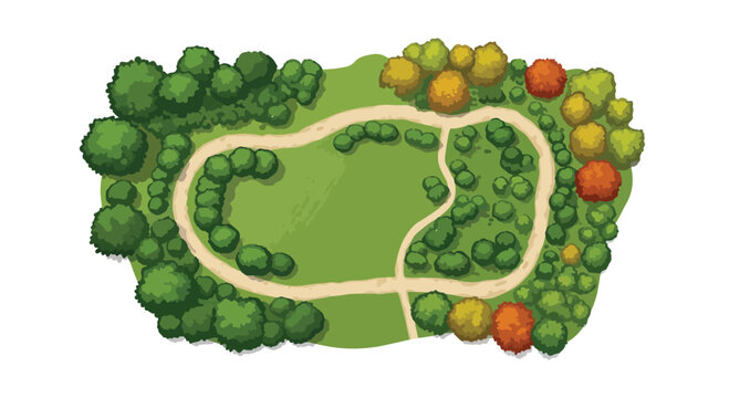 Cartoon park map vector illustration, top view green garden layout with paths and trees, landscape plan icon for city map, game level design