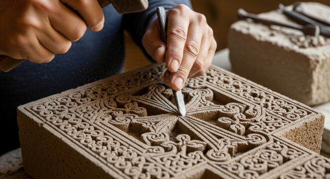 Ancient Armenian stone cross khachkar carving in progress