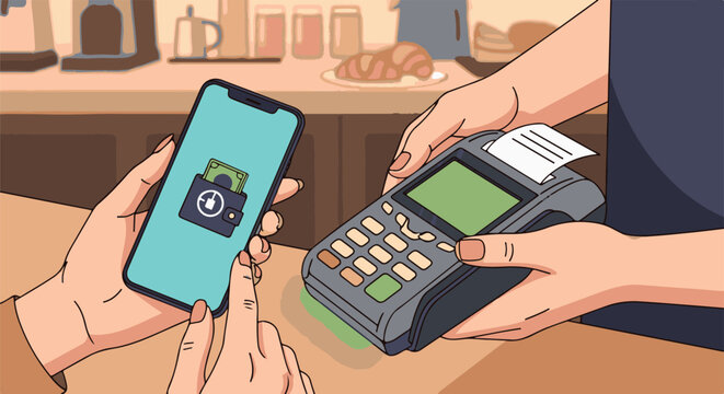 Hand holding smartphone for payment next to card reader