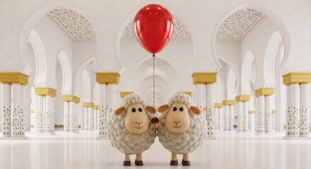 Two animated sheep holding hands under a red heart-shaped balloon at a festive event