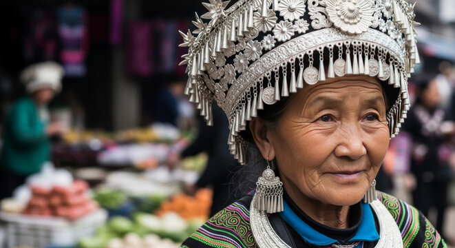 Elderly Hmong woman in traditional silver headdress at a market